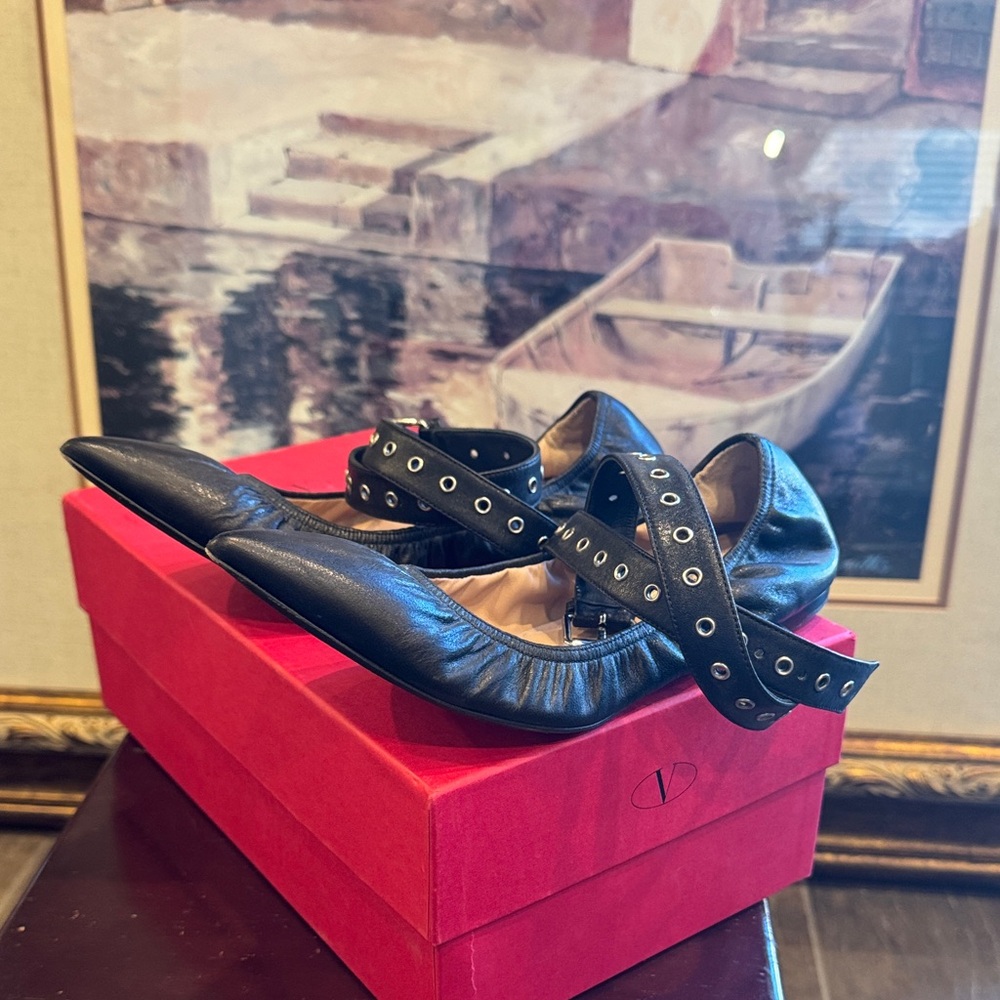 Valentino Garavani Black Flats with Studded Straps